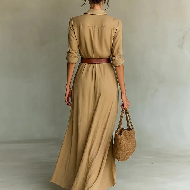 Long Sleeve Belted Shirt Collar Dress