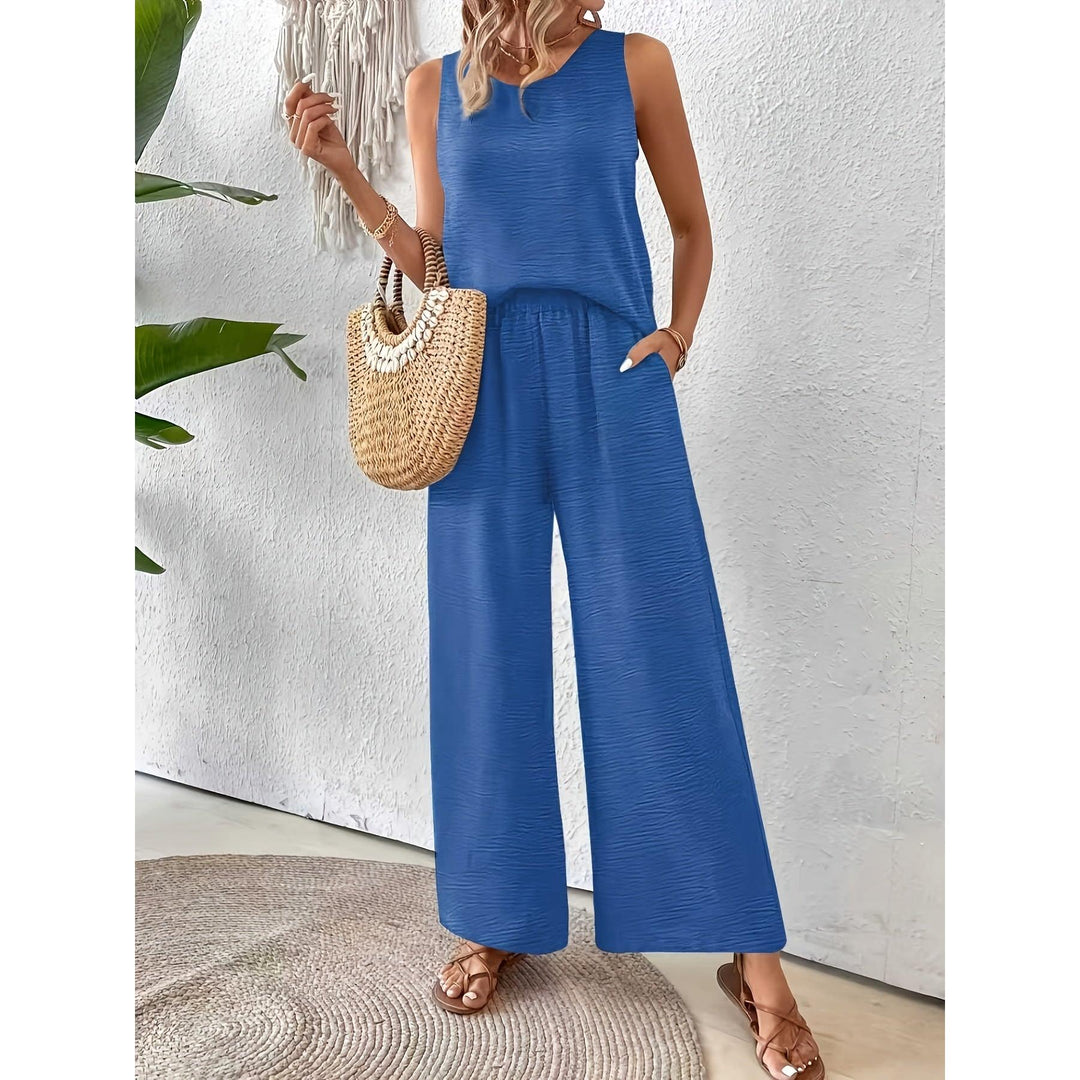 Crochet Back Sleeveless Top And Wide-Leg Pants Set
