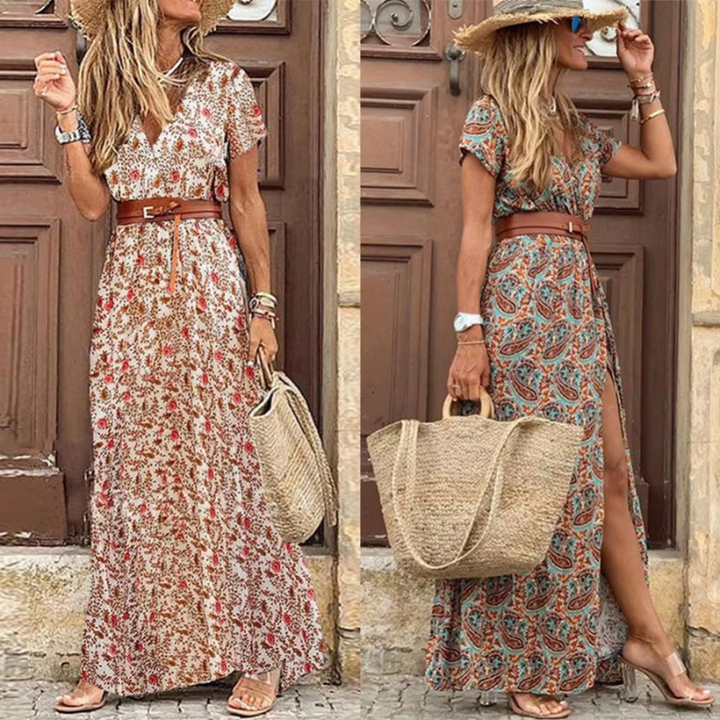 V Neck Floral Maxi Dress with Belt
