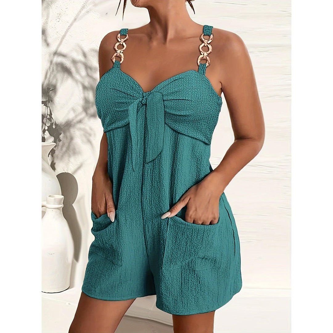 Chain Strap Bow-Front Textured Romper