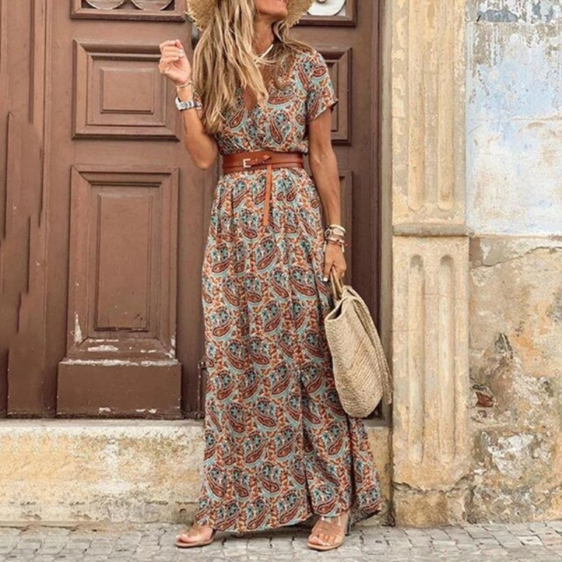 V Neck Floral Maxi Dress with Belt