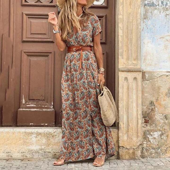 V Neck Floral Maxi Dress with Belt