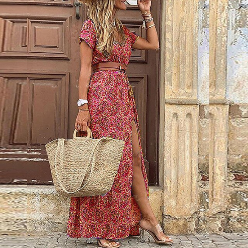 V Neck Floral Maxi Dress with Belt
