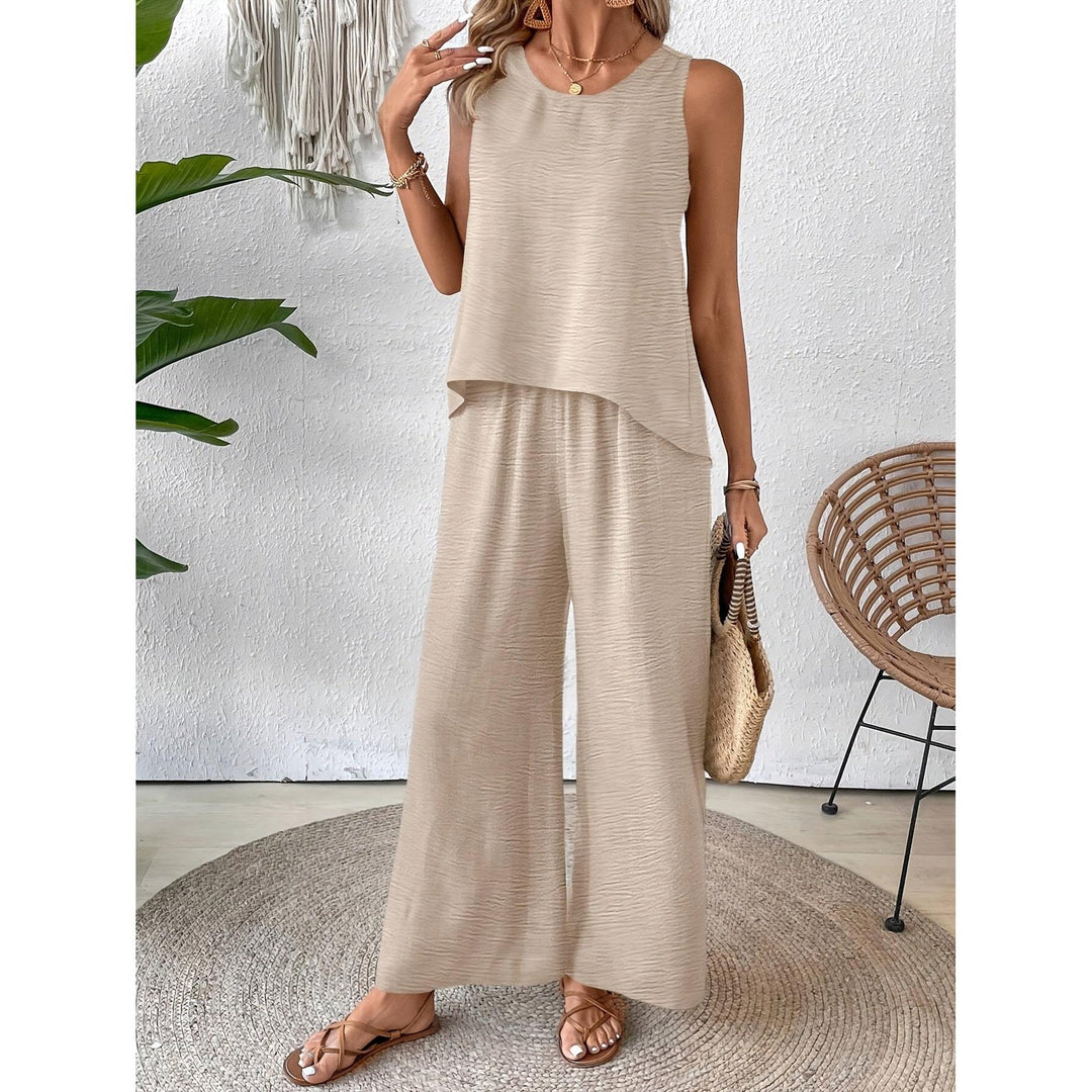 Crochet Back Sleeveless Top And Wide-Leg Pants Set