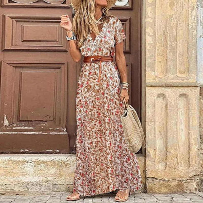 V Neck Floral Maxi Dress with Belt