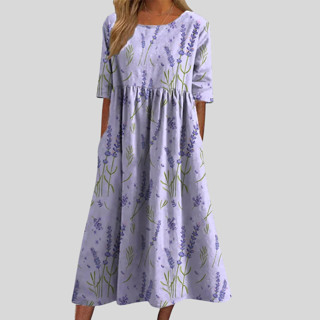 Floral Print Empire Waist Midi Dress with Pockets
