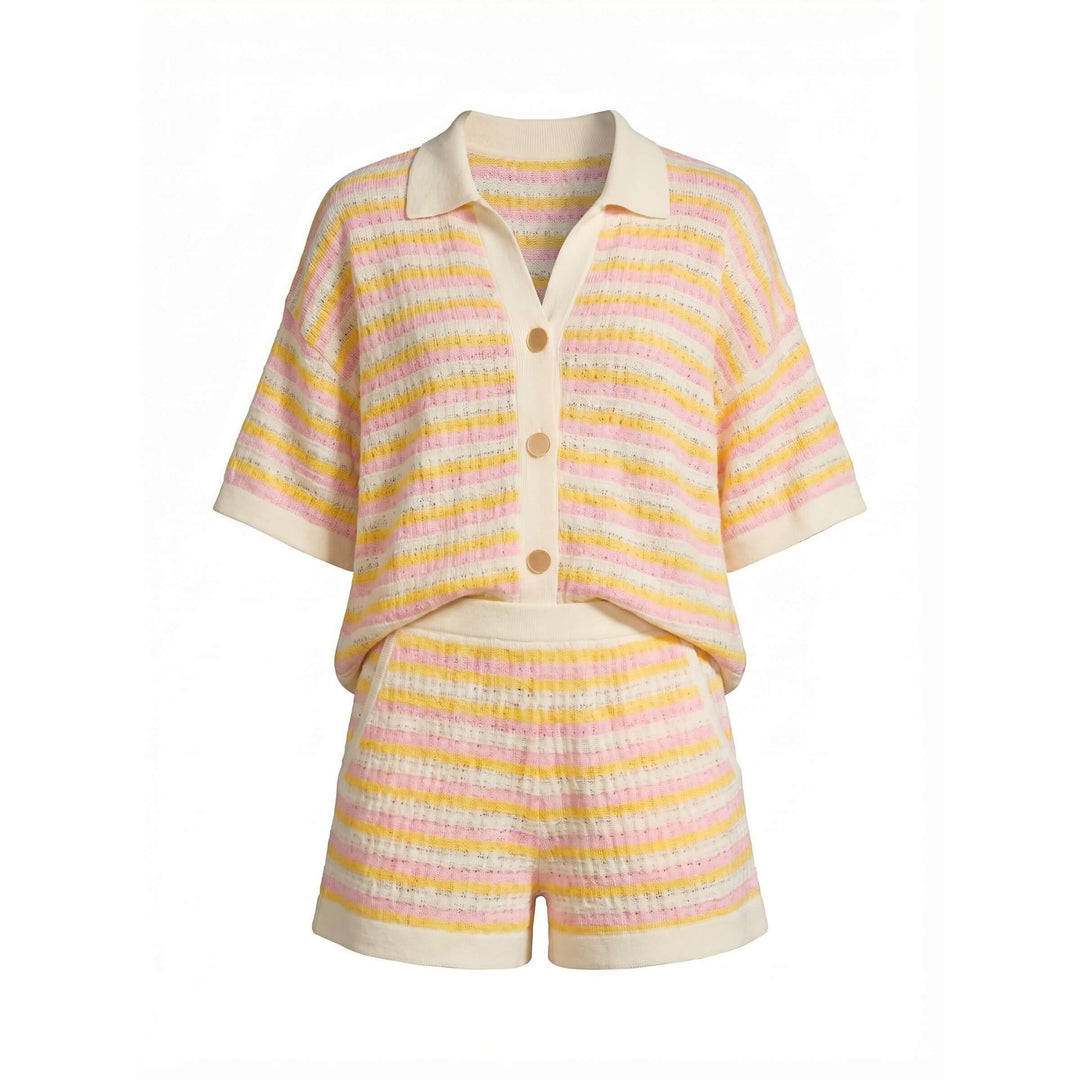 Striped Knit-Look Polo And Shorts Set