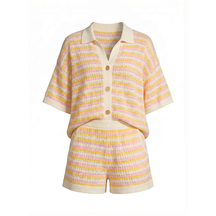 Striped Knit-Look Polo And Shorts Set