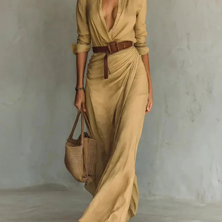 Long Sleeve Belted Shirt Collar Dress