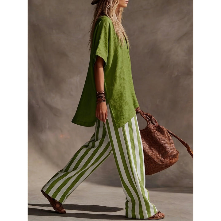 V-Neck Top And Striped Wide-Leg Pants Set