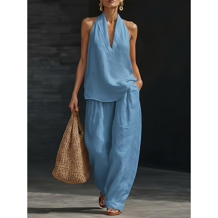 Halter V-Neck Backless Top And Wide-Leg Pants Set