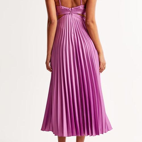 Satin-Look V Neck Midi Dress with Side Cutouts