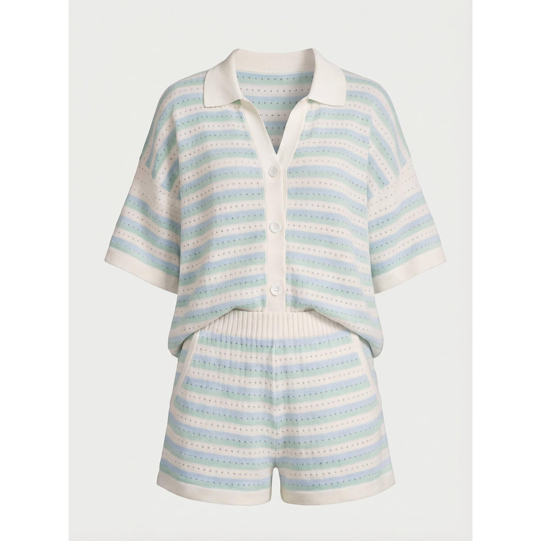 Striped Knit-Look Polo And Shorts Set