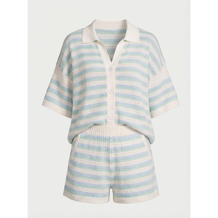 Striped Knit-Look Polo And Shorts Set