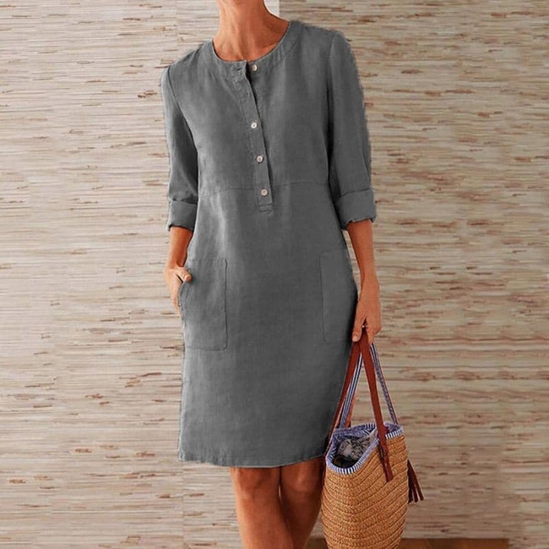 Button-Front Shift Dress with Side Pockets
