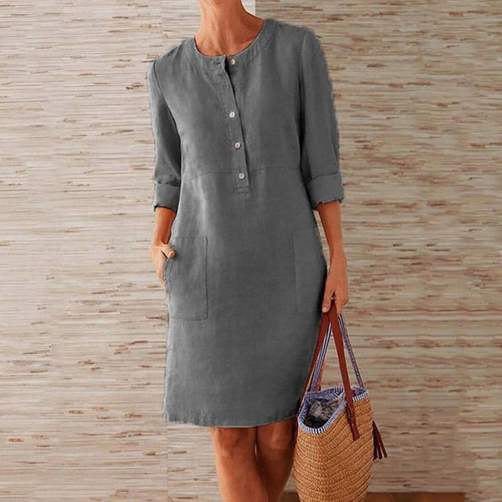 Button-Front Shift Dress with Side Pockets