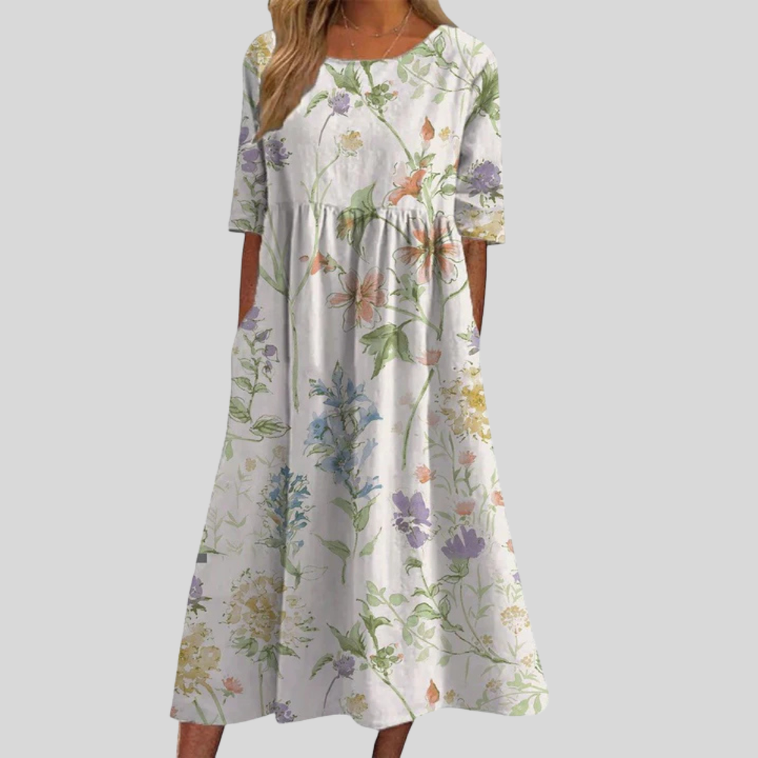 Floral Print Empire Waist Midi Dress with Pockets