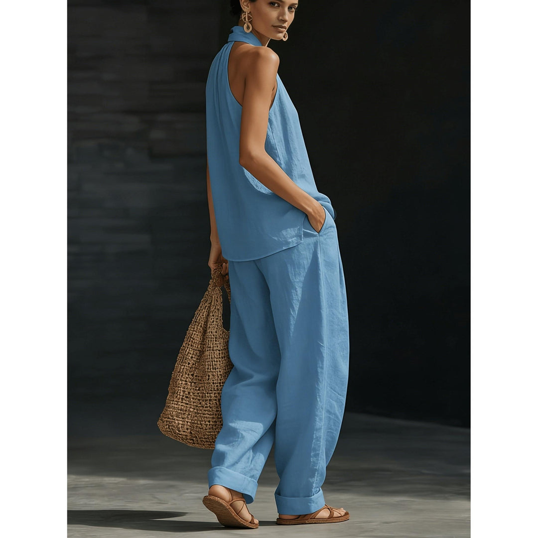 Halter V-Neck Backless Top And Wide-Leg Pants Set