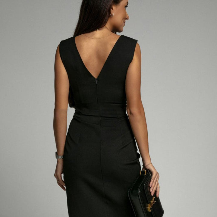 Ruched Wrap Style Midi Dress with Slit