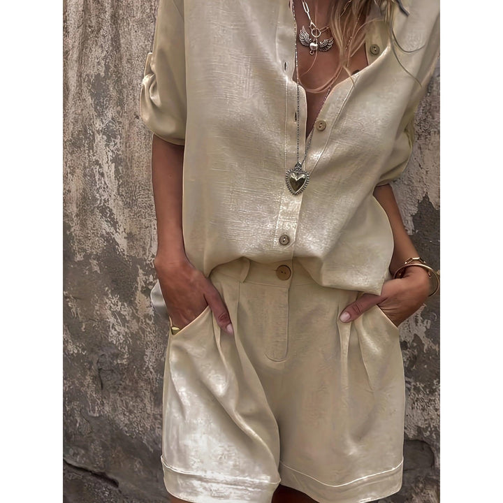 Shimmer-Look Collared Top And Shorts Set