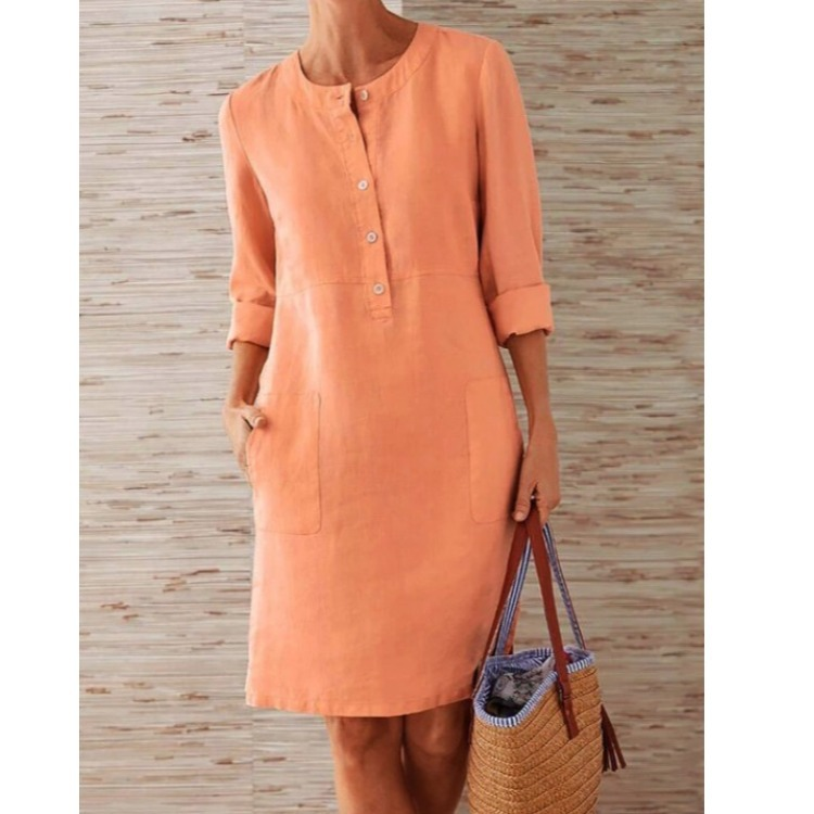 Button-Front Shift Dress with Side Pockets