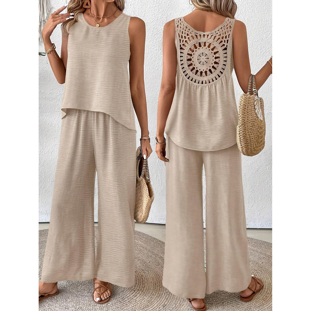 Crochet Back Sleeveless Top And Wide-Leg Pants Set