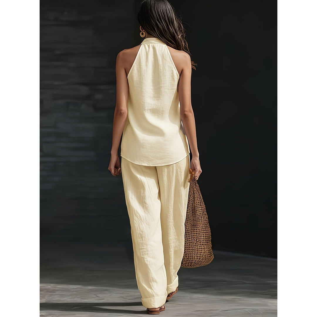 Halter V-Neck Backless Top And Wide-Leg Pants Set