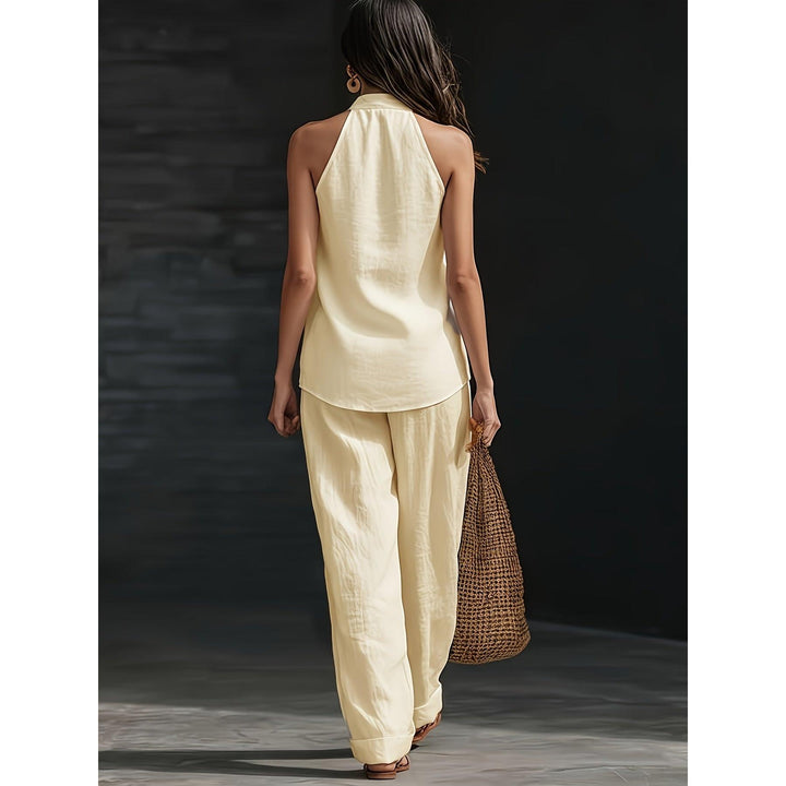 Halter V-Neck Backless Top And Wide-Leg Pants Set