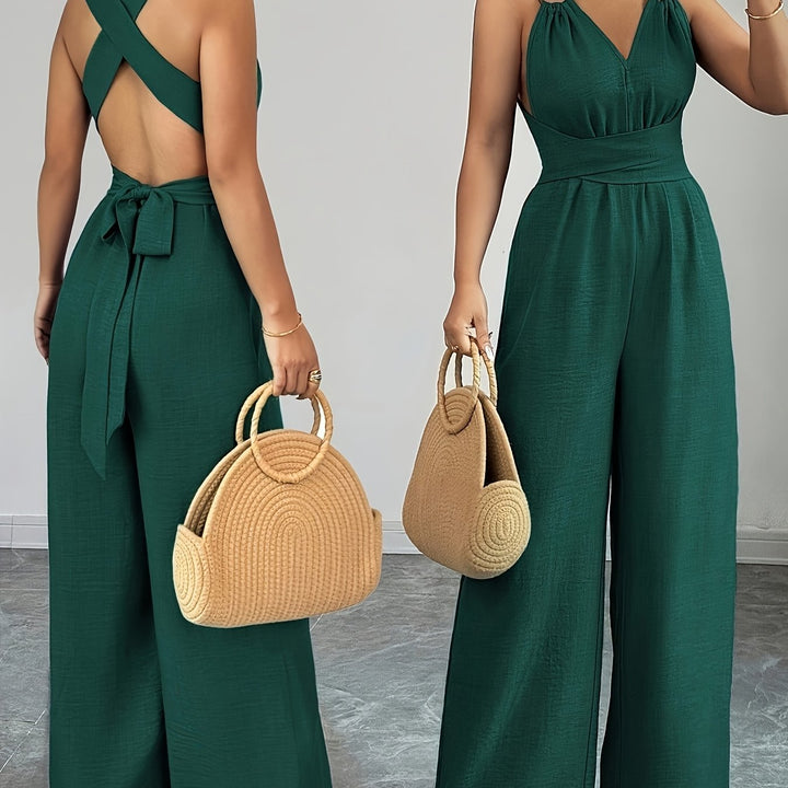 Halter V-Neck Ruched Wide-Leg Jumpsuit