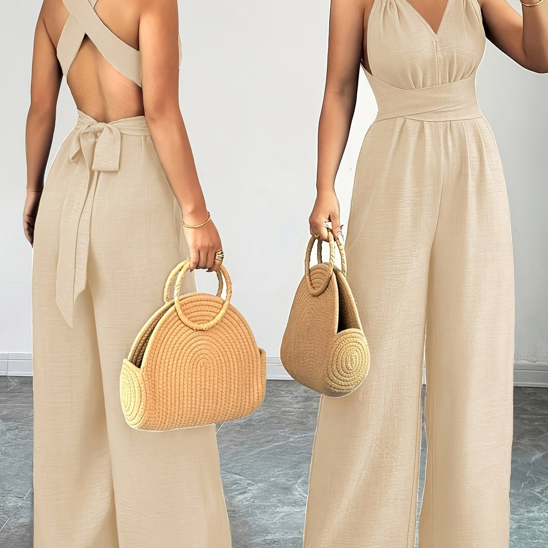Halter V-Neck Ruched Wide-Leg Jumpsuit