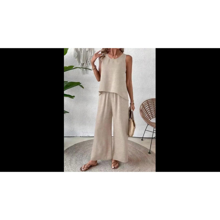 Crochet Back Sleeveless Top And Wide-Leg Pants Set