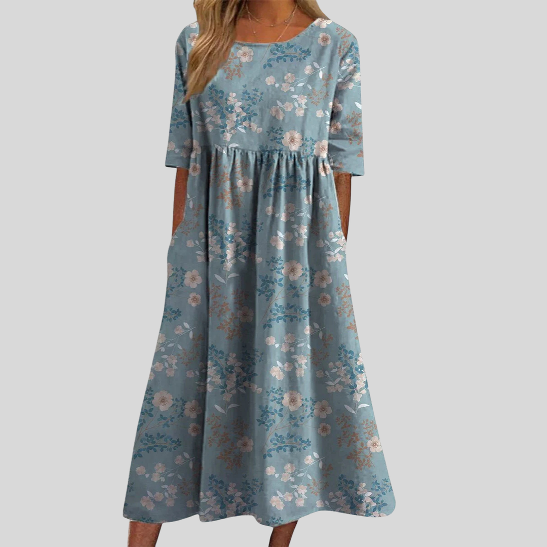 Floral Print Empire Waist Midi Dress with Pockets