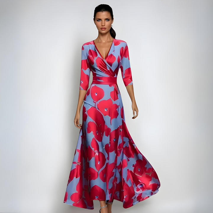Floral Print V-Neck Wrap Maxi Dress with 3/4 Sleeves