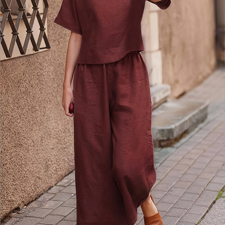 Crew Neck Short Sleeve Top And Wide-Leg Pants Set