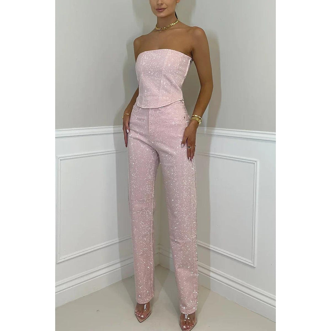 Sequin-Look Strapless Wide-Leg Jumpsuit