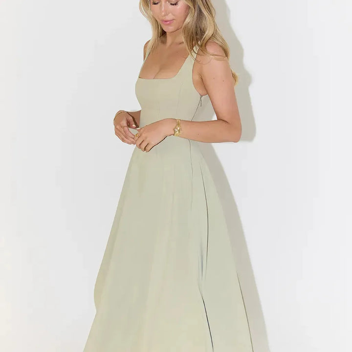 Square Neck High Waist Midi Dress