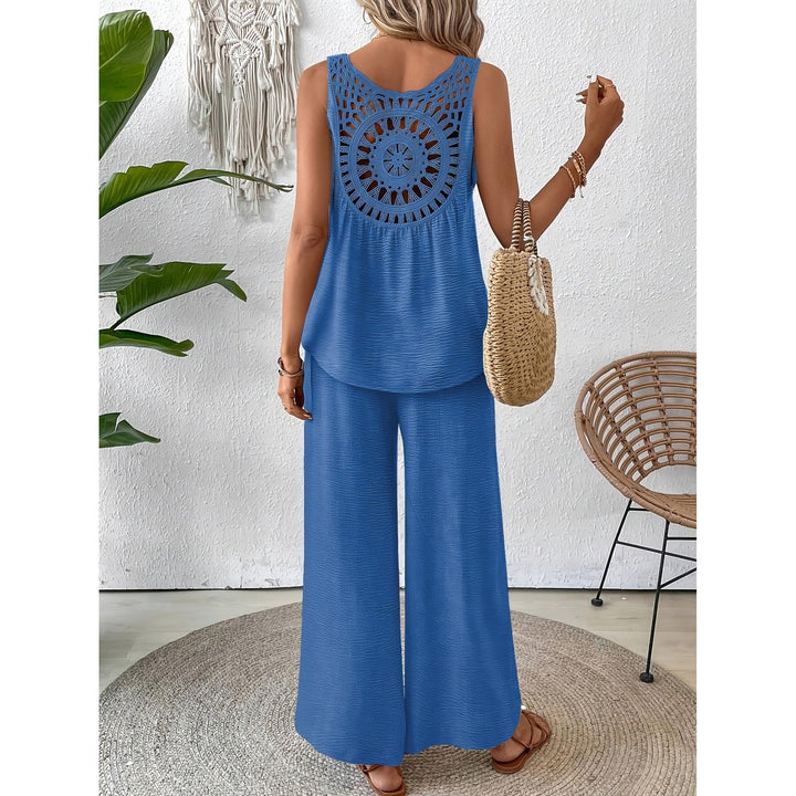 Crochet Back Sleeveless Top And Wide-Leg Pants Set