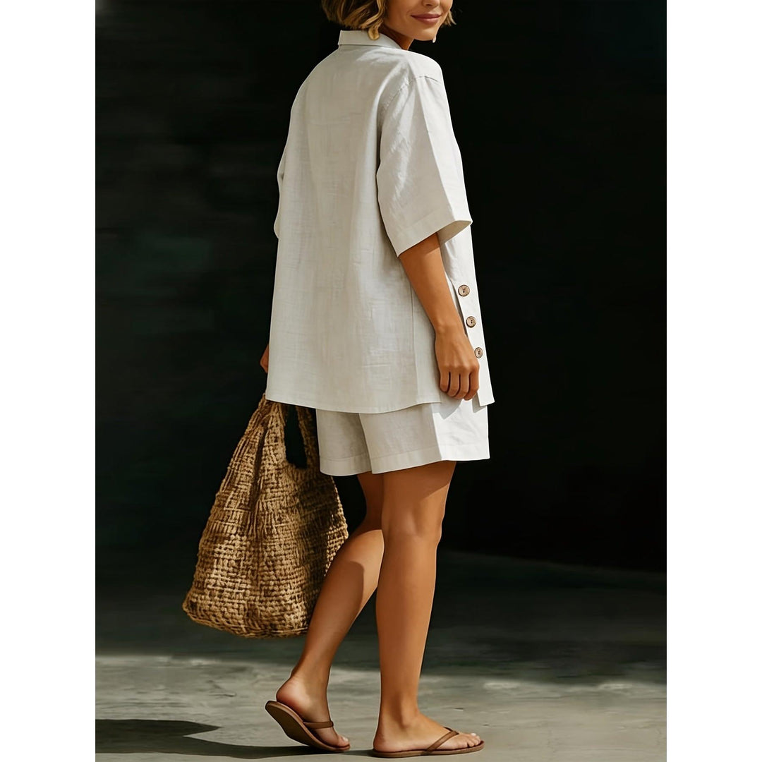 Button Detail Collared Top And Shorts Set