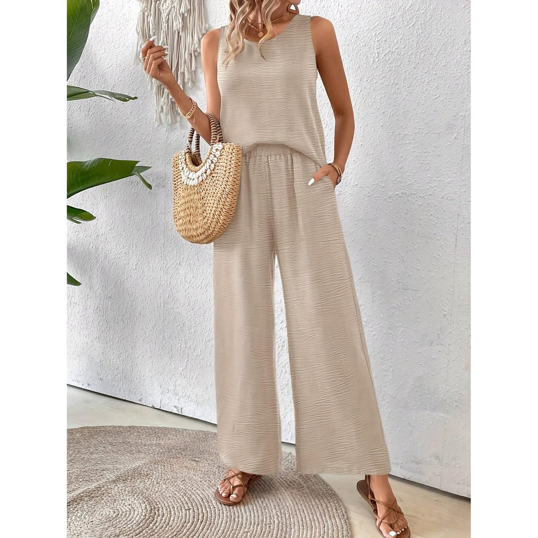 Crochet Back Sleeveless Top And Wide-Leg Pants Set