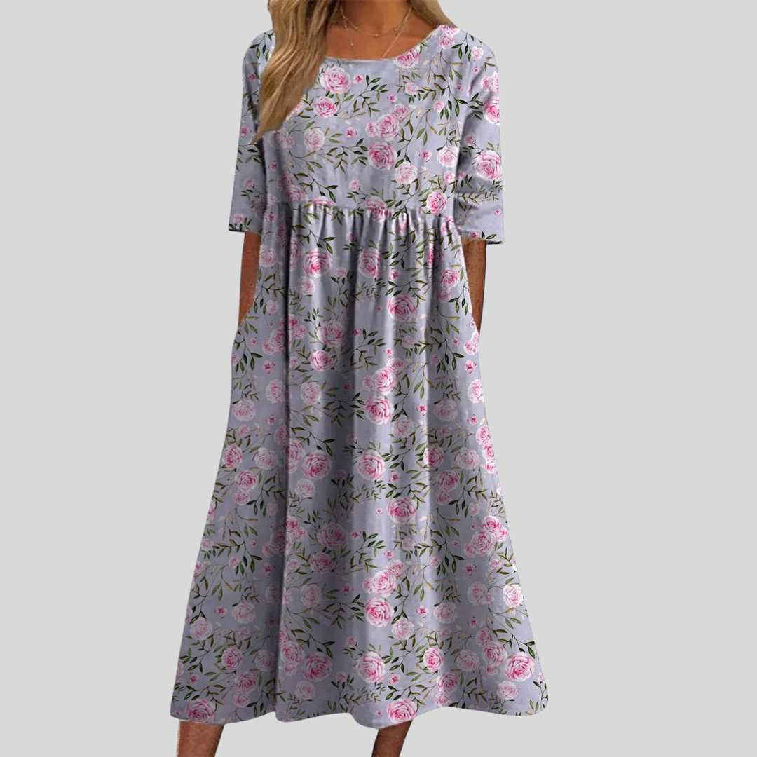 Floral Print Empire Waist Midi Dress with Pockets