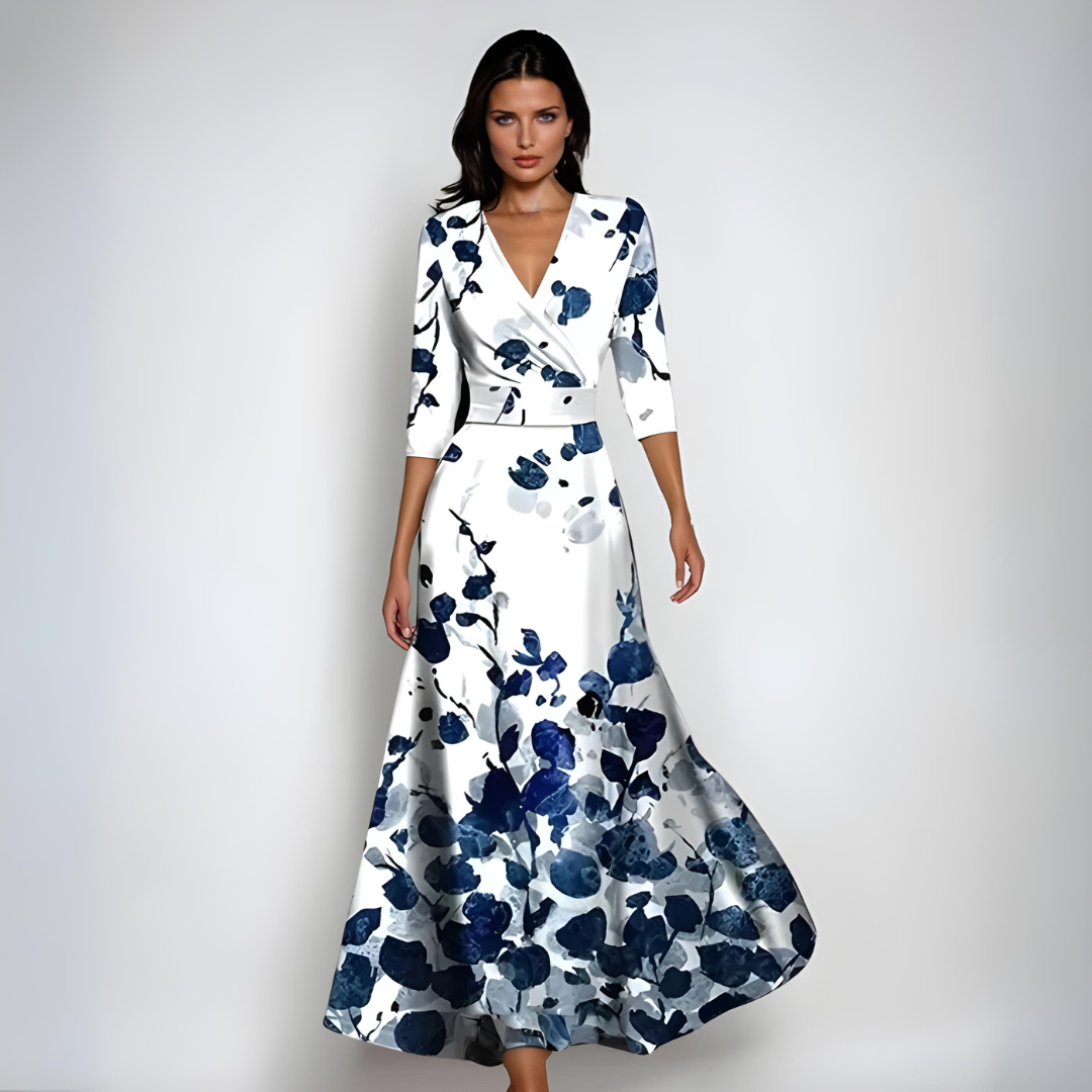 Floral Print V-Neck Wrap Maxi Dress with 3/4 Sleeves