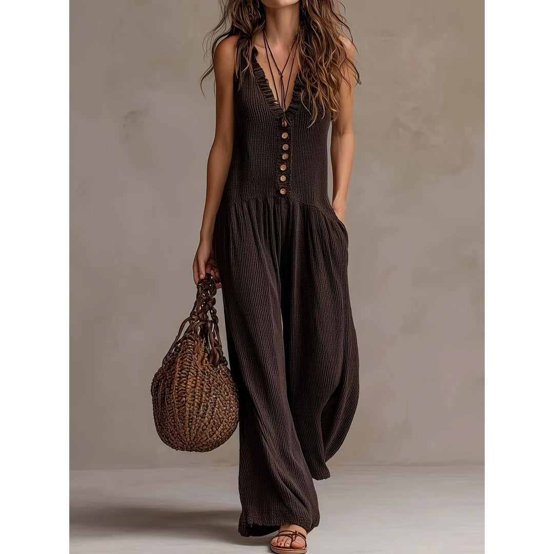 Ruffle V-Neck Smocked Wide-Leg Jumpsuit