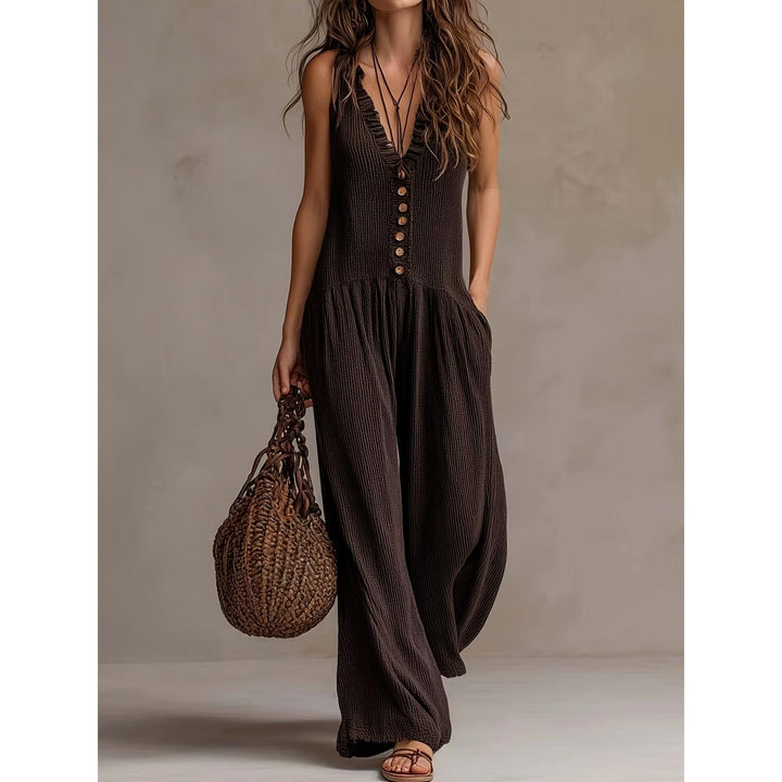Ruffle V-Neck Smocked Wide-Leg Jumpsuit