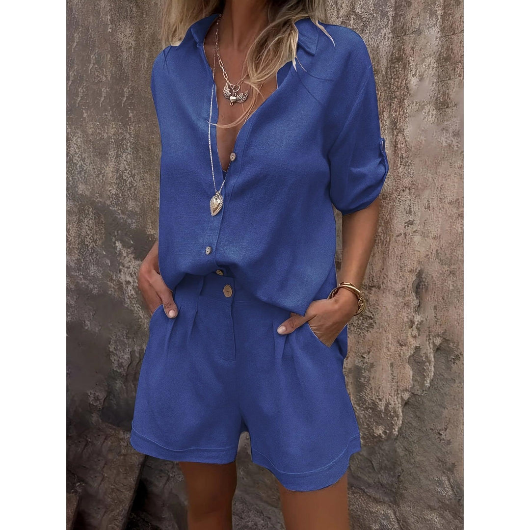 Shimmer-Look Collared Top And Shorts Set