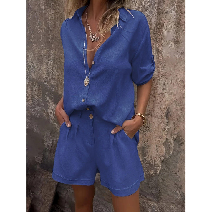 Shimmer-Look Collared Top And Shorts Set
