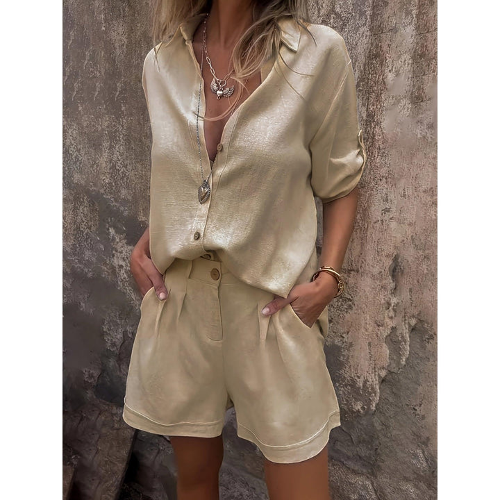 Shimmer-Look Collared Top And Shorts Set
