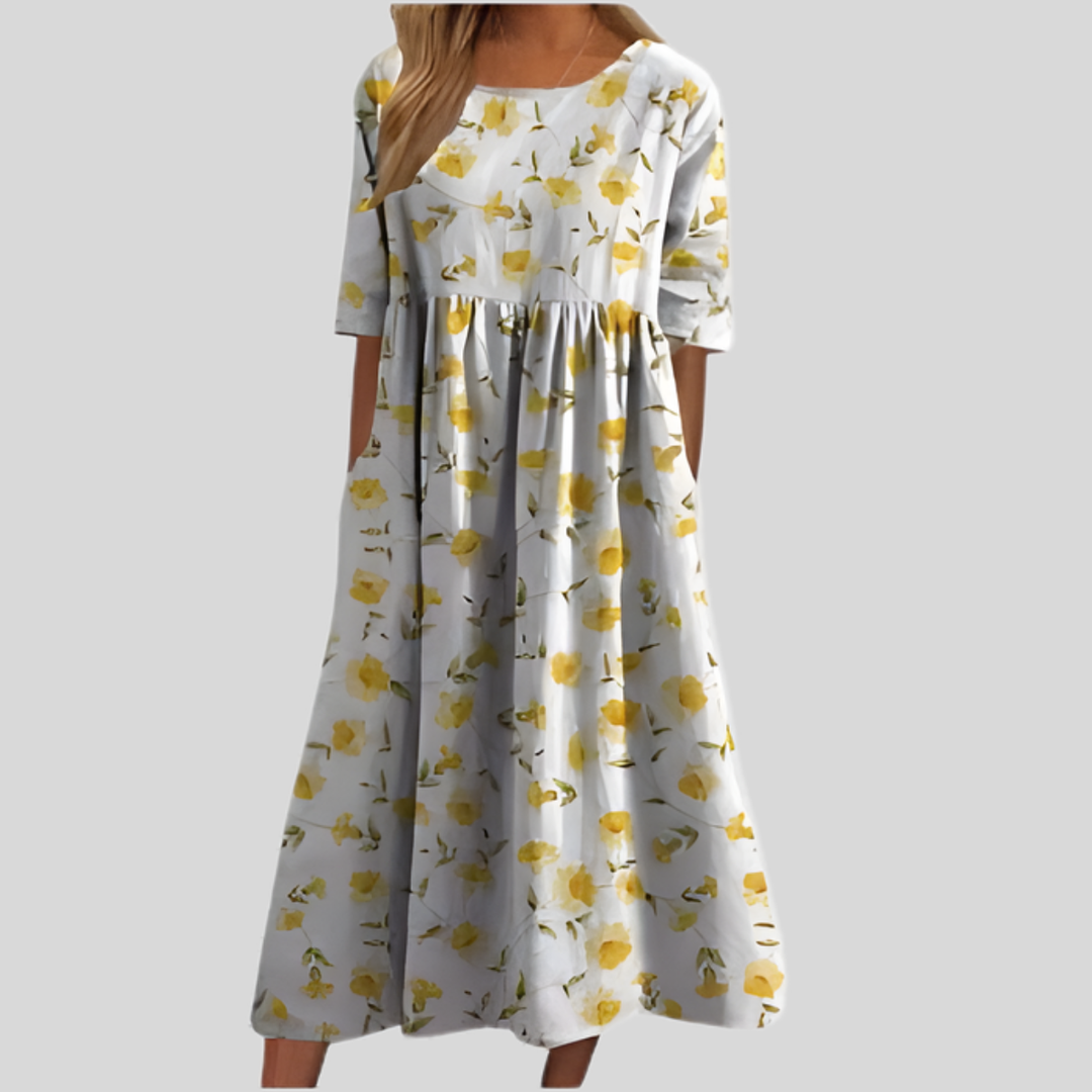 Floral Print Empire Waist Midi Dress with Pockets