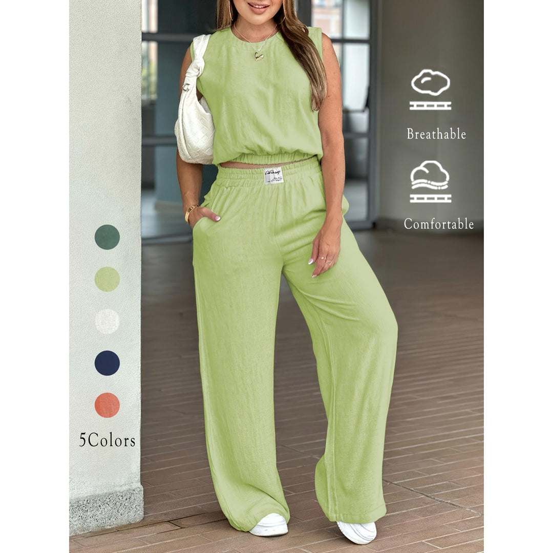 Crew Neck Sleeveless Crop Top And Wide-Leg Pants Set