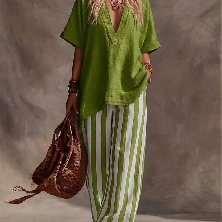 V-Neck Top And Striped Wide-Leg Pants Set