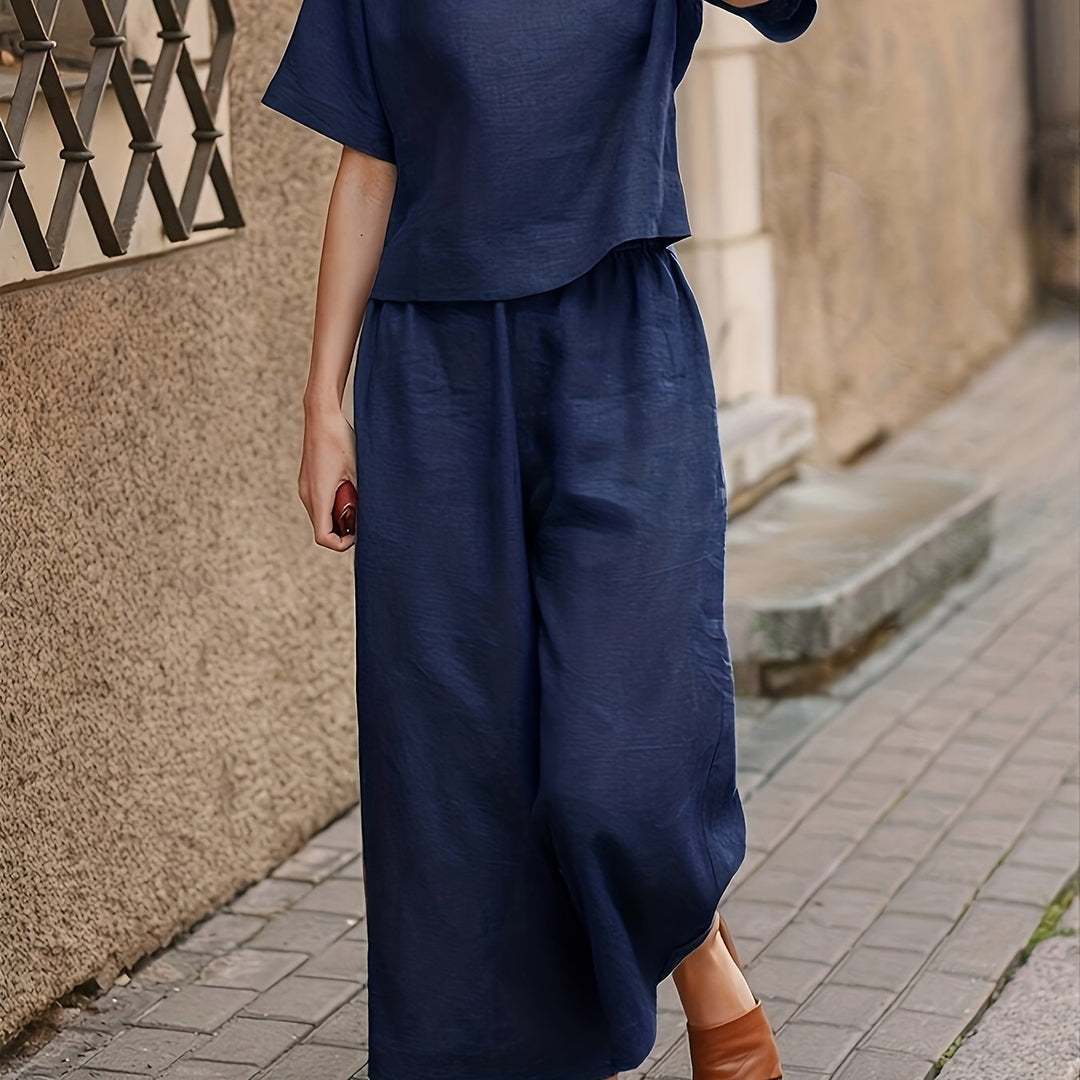 Crew Neck Short Sleeve Top And Wide-Leg Pants Set